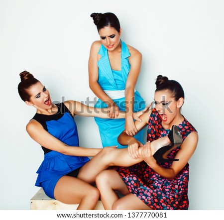 group of diverse stylish ladies in bright dresses isolated on white smiling having fun, watching selfie, lifestyle people concept close up