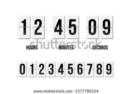 Flip clock showing how much time: hours, minutes and seconds. Flip board with black numbers in retro style. Vector design element Royalty-Free Stock Photo #1377780524
