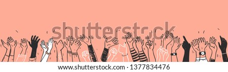 Vector hand drawn sketch style illustration with black colored human hands different skin colors greeting & waving isolated on light background. Crowd, party, sale concept. For advertising, packaging.