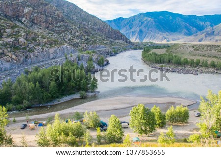 The Malyi Yaloman and Katun rivers near Chuyskiy trakt, Altai republic.  Russian summer in Siberia.