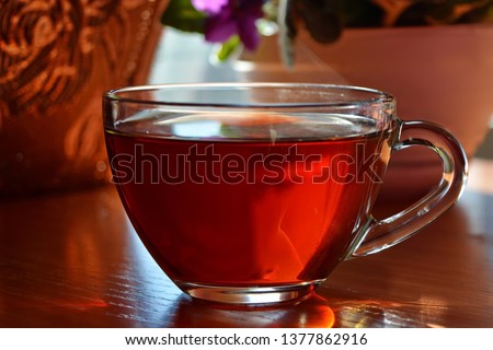 Glass cup of tea on wooden window sill in front of a dark curtain at sunrise on blurred background with flower in floral pot. Selective focus