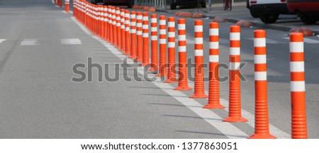 Road cones on the road. Horizontal photo.
