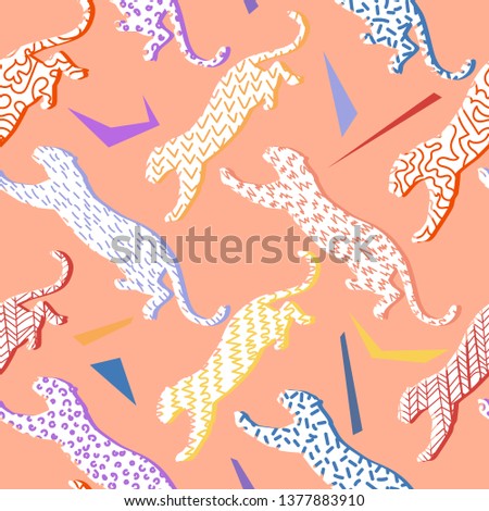 Animal seamless pattern. Leopard silhouettes background in a geometric print. Jumping wildcat with different geometric elements. Good for textile or fabric backdrop.