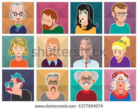 Twelve portraits of cartoon characters. Funny faces of men and women 3. Vector set