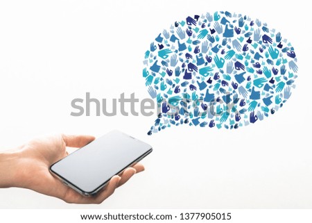 Phone with creative hand gesture speech bubble on white background. Social media, communication and network concept 