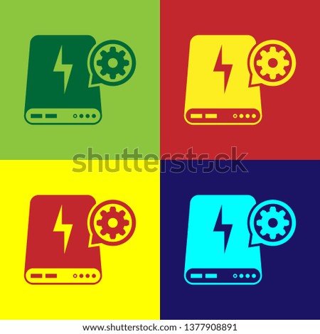 Color Power bank and gear icon isolated on color backgrounds. Adjusting app, service concept, setting options, maintenance, repair, fixing. Vector Illustration