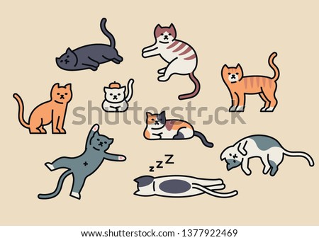 Many cats in various poses. Outline style character design. flat design style minimal vector illustration