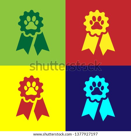 Color Pet award symbol icon isolated on color backgrounds. Badge with dog or cat paw print and ribbons. Medal for animal. Vector Illustration