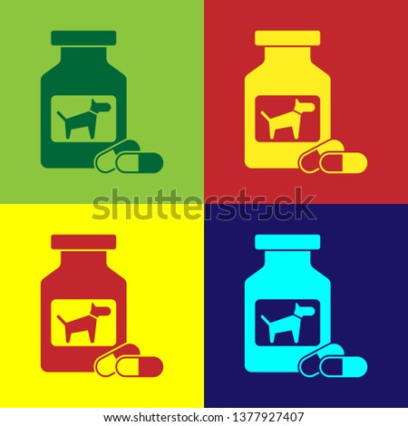 Color Dog medicine bottle and pills icon isolated on color backgrounds. Container with pills. Prescription medicine for animal. Vector Illustration