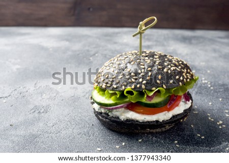 Vegetarian Burger with cottage cheese cream and vegetables Copy space