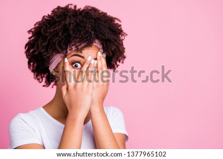 Close up photo beautiful amazing she her dark skin lady arms hands close hide full fear facial expression omg wow shock surprise wear head scarf casual white t-shirt isolated pink bright background