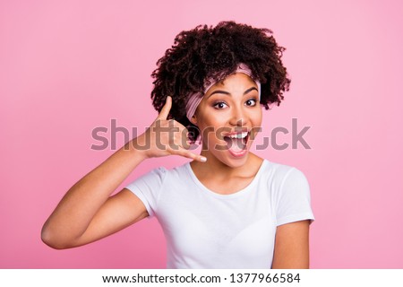 Close up photo beautiful amazing she her dark skin brunette model lady arm hand near ear communication talk conversation wear head scarf casual white t-shirt isolated pink bright background