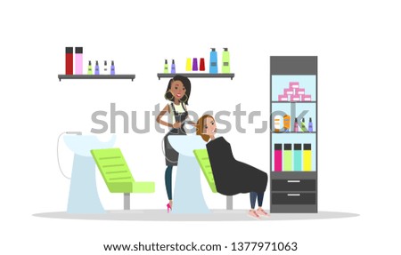 Washing hair with shampoo in beauty salon. Woman making haircut in hairdressing salon. Isolated  flat illustration