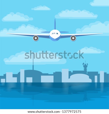 Aircraft flying high above the blue sea. Airplane in the sky and sityscape on the background. Flight above the ocean. Flat  illustration