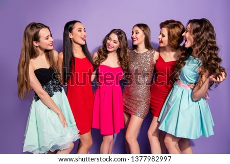 Portrait of nice elegant lovely girlish feminine fascinating charming attractive gorgeous stunning cheerful glad ladies having fun best buddy fellow bachelor isolated on purple violet background