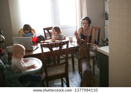 Mom with children and a dog in the kitchen, watching a cartoon, drinking coffee, real kitchen in a rented apartment, chaos