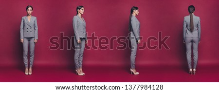 Full length body size photo beautiful amazing business she her lady stand different positions views mixed poster banner creative design wearing specs formal-wear isolated dark red vivid background