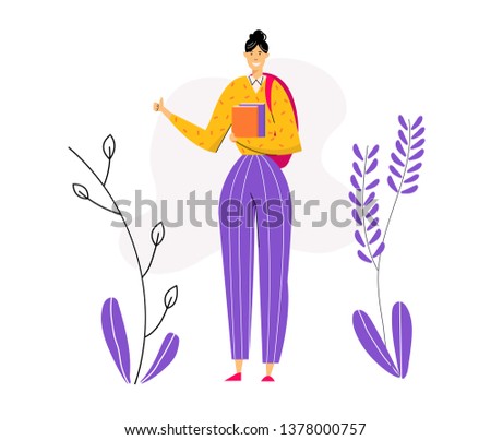 Happy Young Female Student Character with Books. Educational Concept with Girl with Backpack and Textbook Learning and Reading. Vector flat cartoon illustration