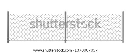 Wire fence isolated on white background. Two segments rabitz gate with rhombus cell, perimeter protection barrier construction separated with poles. metal steel grid. Realistic 3d vector illustration. Royalty-Free Stock Photo #1378007057