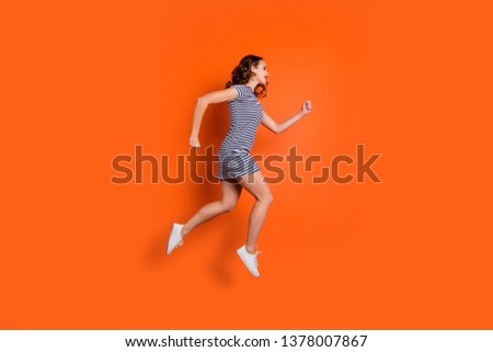 FUll length body size photo of one single sportive charming attractive strong slim wearing canvas shoes sneakers footwear she her people person lady hipster running away isolated vivid background
