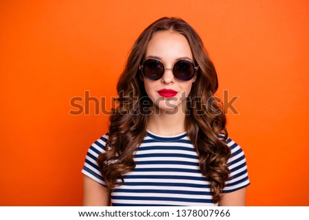Close up photo portrait of attractive beauty calm peaceful facial expression she her lady wearing casual top looking at camera isolated vivid background