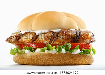 Fast Food Style Gourmet Burgers shot on a white background.  Table top sandwiches shots.  Royalty-Free Stock Photo #1378024199
