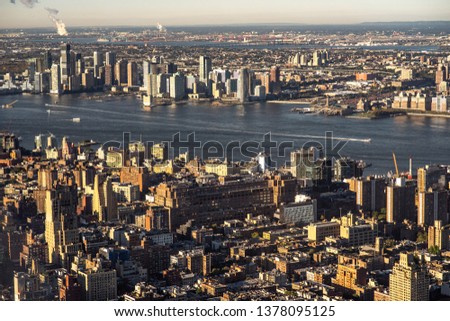 Aerial view of the Lower East Side of Manhattan with Brooklyn in the background