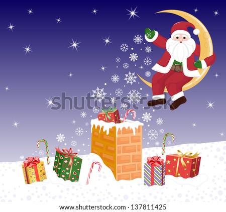Santa Claus  scatters magic snowflakes. Christmas wizard, driving on the moon and to present with gifts. Celebratory illustration.