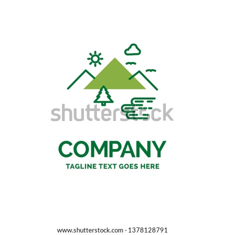 Mountains, Nature, Outdoor, Clouds, Sun Flat Business Logo template. Creative Green Brand Name Design.