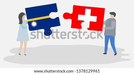 Couple holding two puzzles pieces with Nauruan and Swiss flags. Nauru and Switzerland national symbols together.