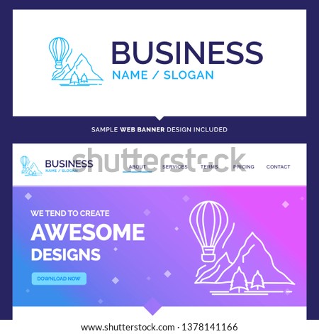 Beautiful Business Concept Brand Name explore, travel, mountains, camping, balloons Logo Design and Pink and Blue background Website Header Design template. Place for Slogan / Tagline. Exclusive Websi