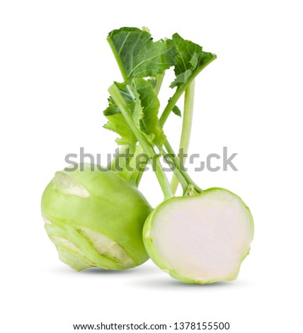 Fresh kohlrabi with green leaves on isolated white backround. full depth of field Royalty-Free Stock Photo #1378155500
