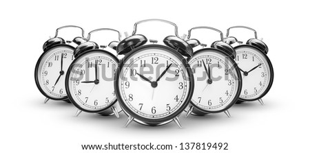 alarm clocks on white background