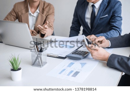 Business team meeting present, Secretary presentation new idea and making report to professional investor with new finance project plan during discussion at meeting.