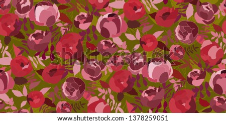 Flowers pattern vector. Floral seamless background with hand drawn stylized peonies or roses  and leaves.
