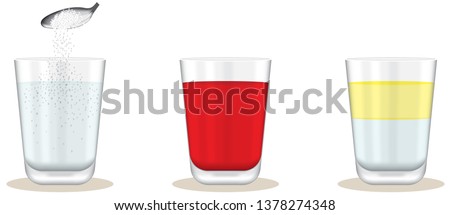 Heterogeneous and homogeneous mixtures. Glasses of salty water, sherbet and olive oil. Royalty-Free Stock Photo #1378274348