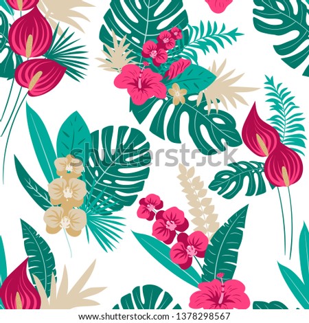 Vector seamless tropical pattern, vivid tropic foliage, with leaves, flowers. Modern bright summer print design