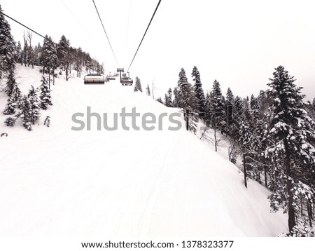 Riding the Chair Lift through the Forest with Snow Covered Trees on the Hills surrounding Krasnaya Polyana Village in the Mountains of the Sochi, Russia