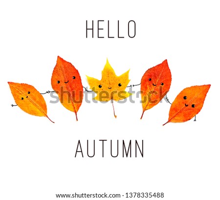 Hello autumn concept. autumn leaves in cute kawaii style. smile face, funny idea. bright red fall leaves isolated on white background. minimal style. element for design.