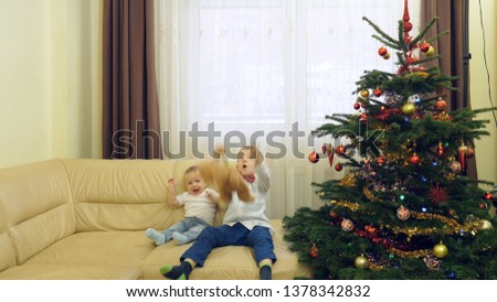 Happy baby and his bigger brother play with teddy bear close decorated Christmas