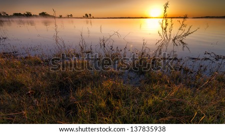 Sunrise over a foggy lake in the springtime