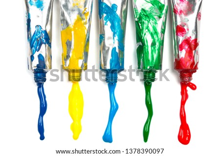 Acrylic paint tubes and fresh colour paint isolated on white background