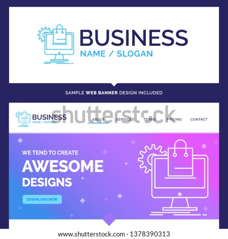Beautiful Business Concept Brand Name shopping, online, ecommerce, services, cart Logo Design and Pink and Blue background Website Header Design template. Place for Slogan / Tagline. Exclusive Website