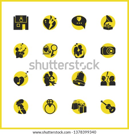 Family icons set with gift boxes, bell and gramophone elements. Set of family icons and conflict concept. Editable vector elements for logo app UI design.