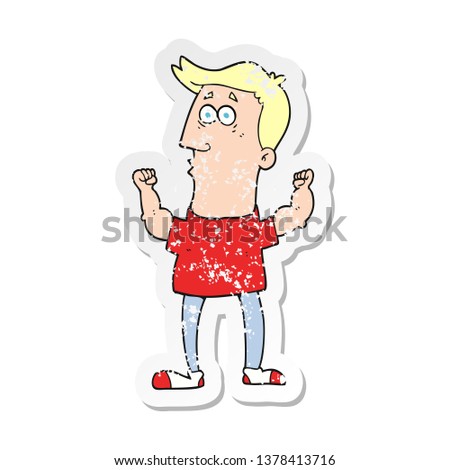 retro distressed sticker of a cartoon surprised man flexing biceps