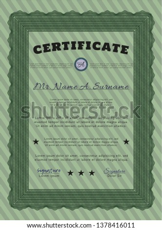 Green Classic Certificate template. With complex background. Detailed. Elegant design. 