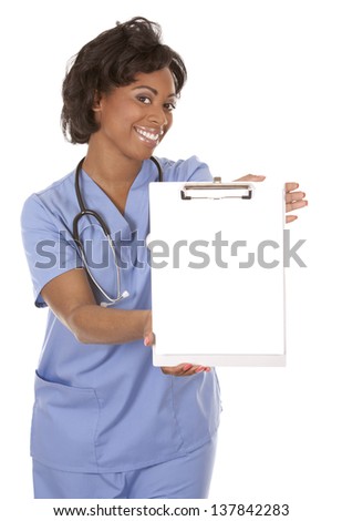 black nurse wearing scrubs on white isolated background