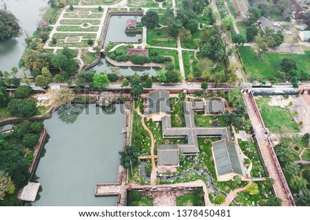 Aerial view of Vietnam ancient Tu Duc royal tomb and Gardens Of Tu Duc Emperor near Hue, Vietnam. A Unesco World Heritage Site.