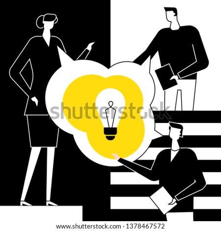 Bright idea - flat design style vector illustration. Black, yellow, white composition with colleagues, staff, business people talking, brainstorming, image of lightbulb. Teamwork, creativity concept
