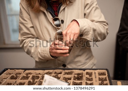 Lady planting flower seeds in tray for Spring